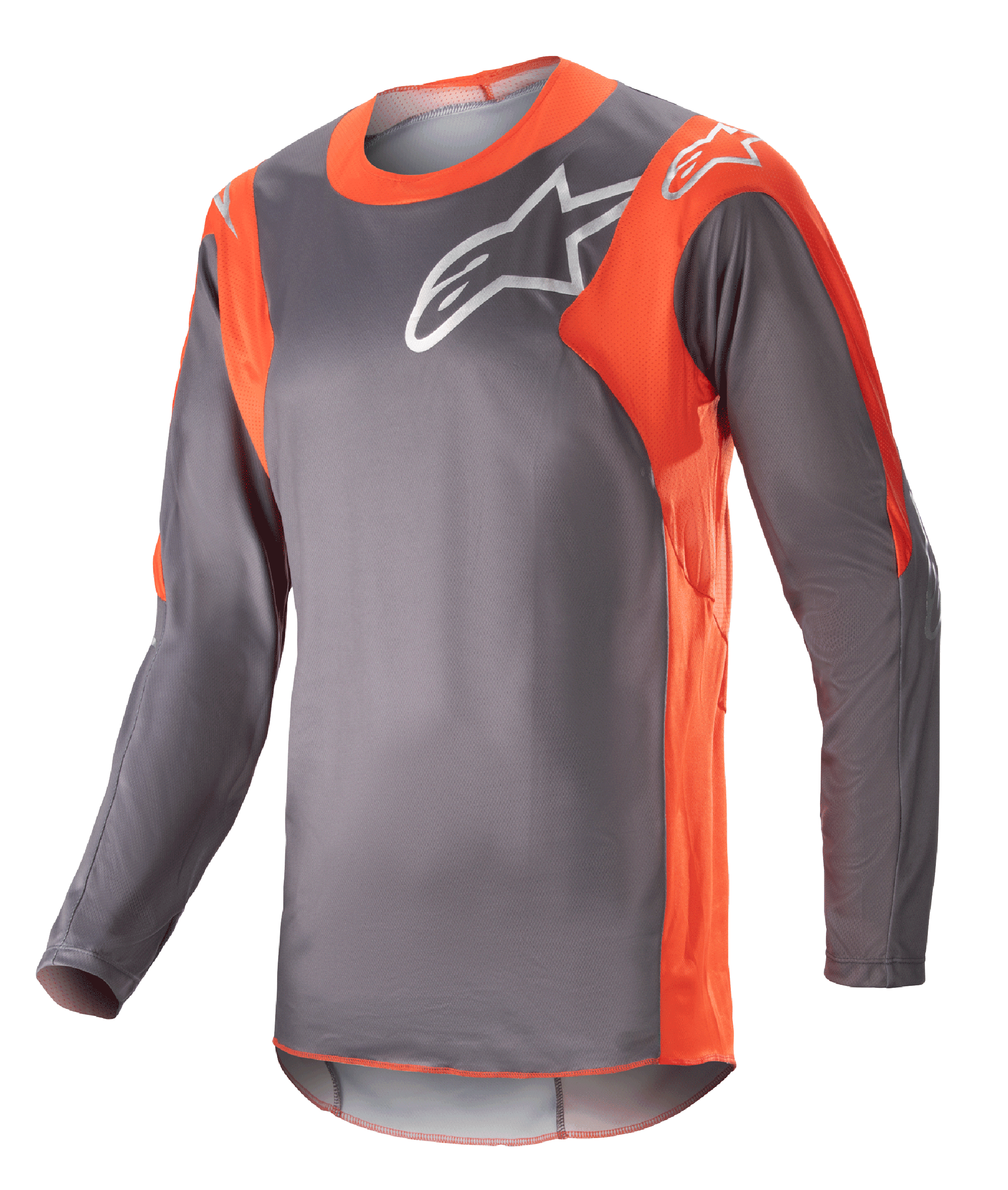 Alpinestars 2023 Racer Hoen Jersey, camisola de motocross de manga comprida, cinzenta e laranja, logótipo Alpinestars branco no peito e ombros, tecido leve de alta performance para corridas todo-o-terreno