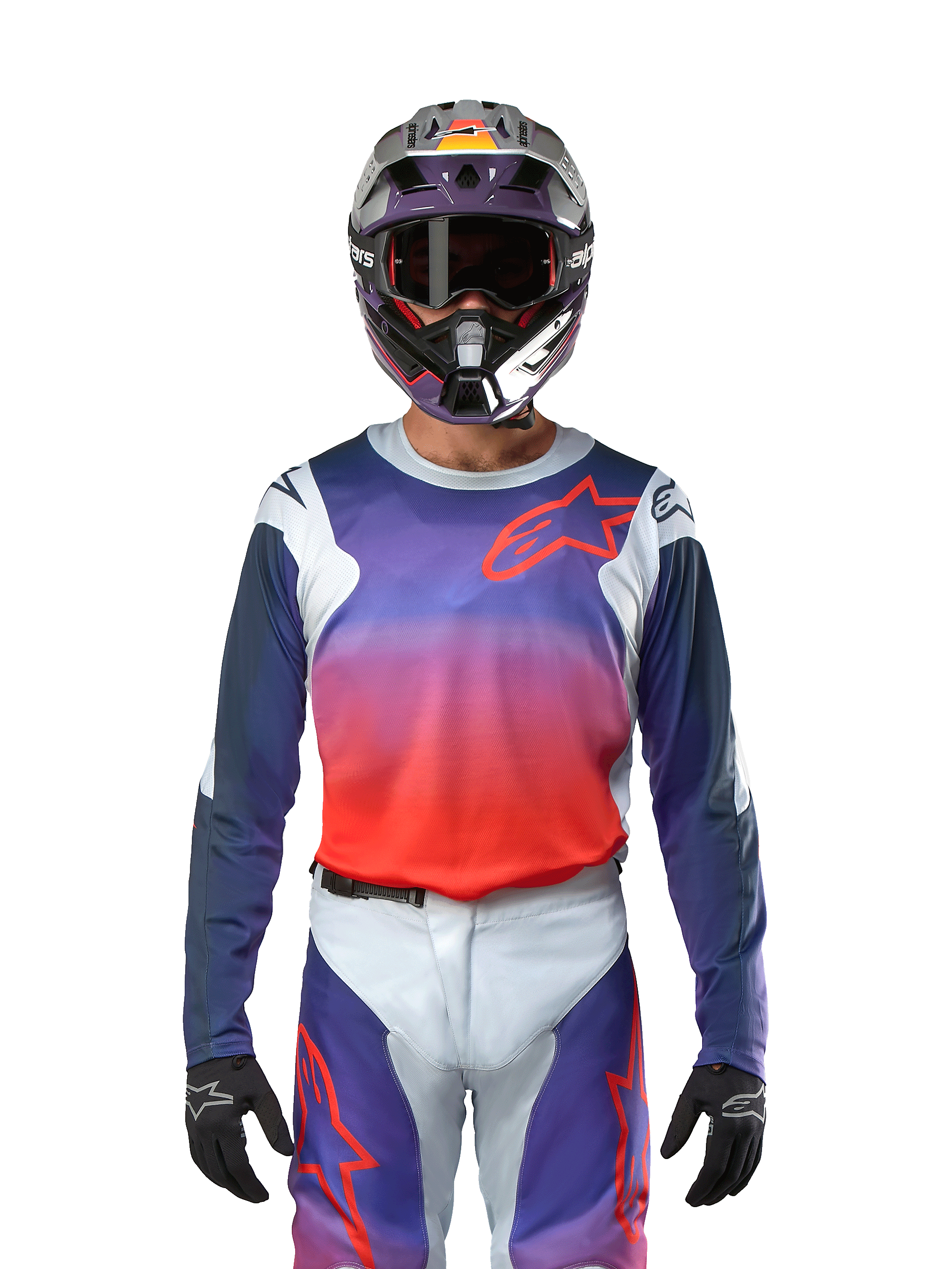Alpinestars 2024 Racer Hoen Jersey in Light Gray Hot Orange Black, Motocross Jersey worn by a rider with matching gear, featuring a vibrant color gradient and the Alpinestars star logo on the chest, designed for off-road performance.