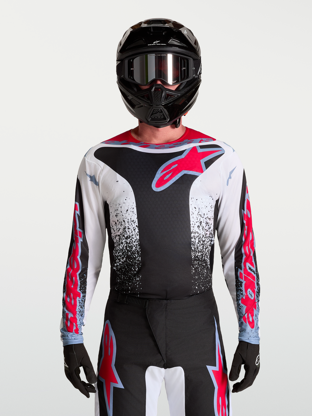 Alpinestars camisola Fluid Drag, camisola de motocross para homem, preta e branca com detalhes em vermelho fluo e gráficos agressivos, para todo-o-terreno