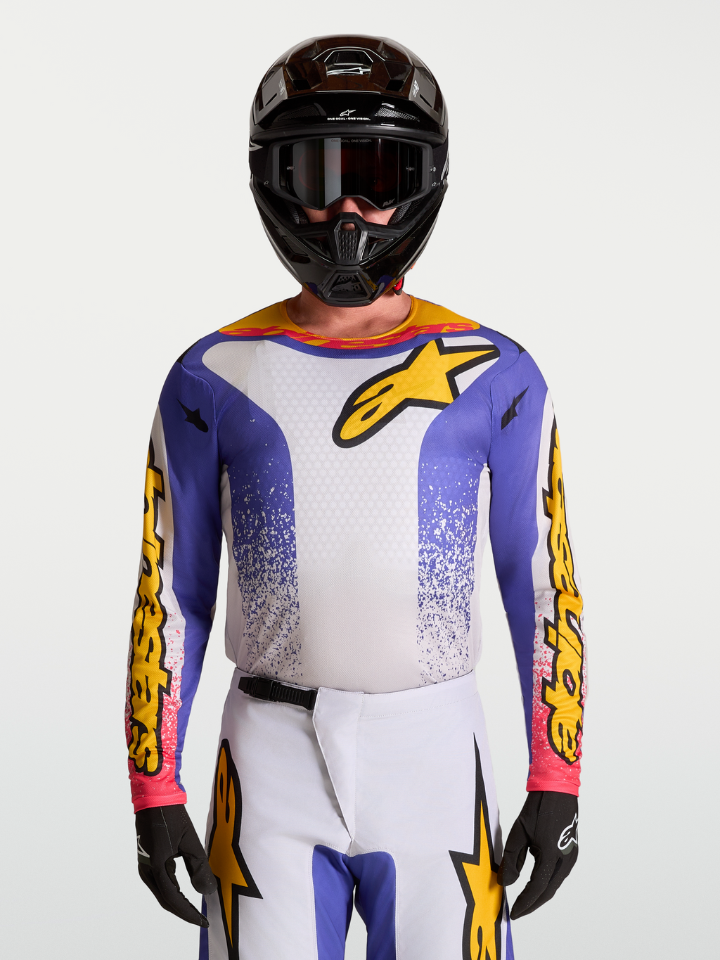 Alpinestars Camisola Fluid Drag, camisola de motocross para homem, azul e dourada, com tecido leve e respirável.