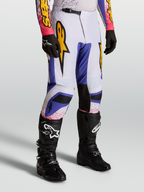 Alpinestars Calças Fluid Drag, calças de motocross para homem, azul e lilás claro com gráficos dourados, corte desportivo ergonómico