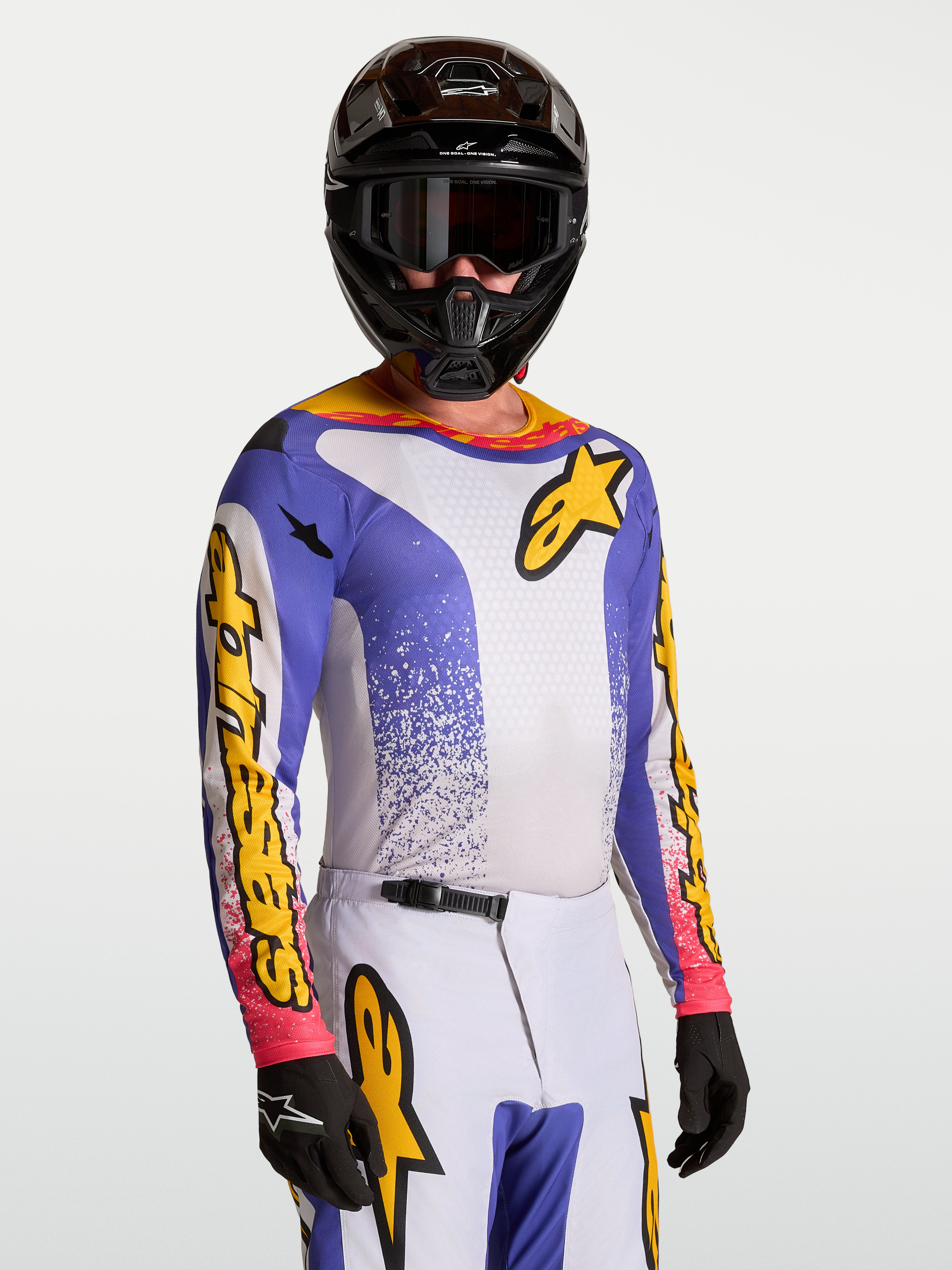 Alpinestars Camisola Fluid Drag, camisola de motocross para homem, azul e amarela, tecido respirável para performance off-road.