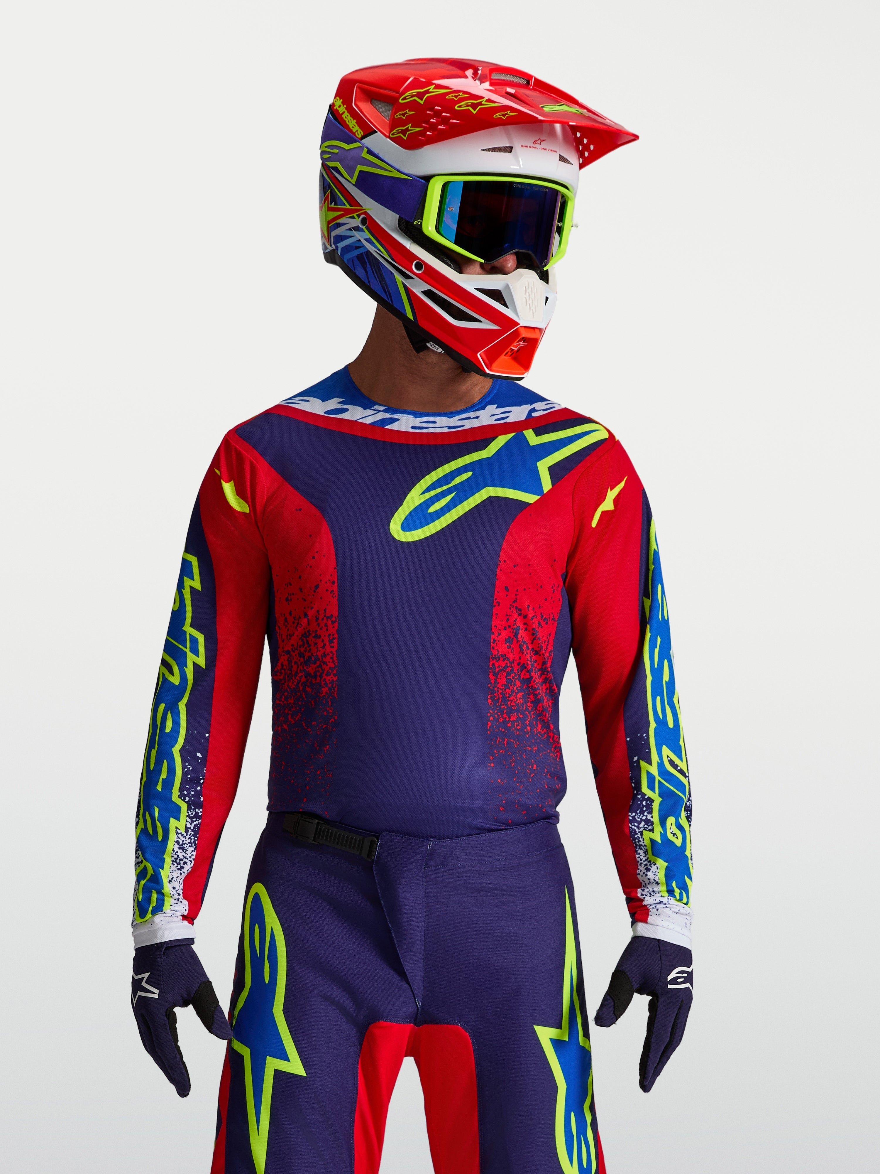 Alpinestars Fluid Drag Jersey, Men's Motocross Jersey, Blue Navy and Fire Red, breathable polyfabric for off-road performance.