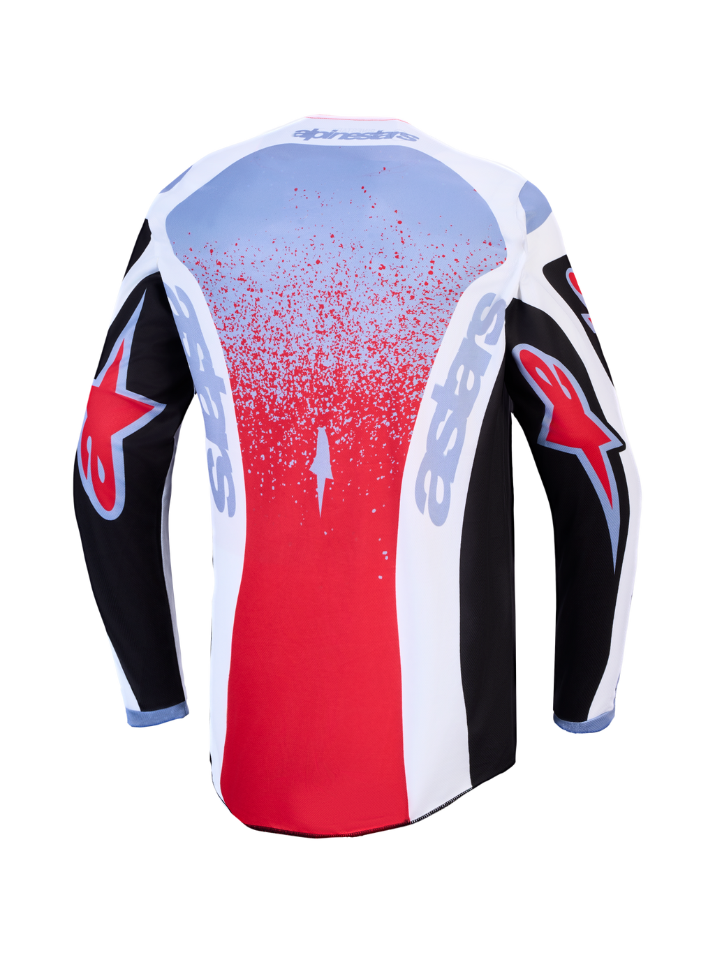 Alpinestars Camisola Fluid Drag, camisola de motocross masculina, preta, vermelha e branca, vista traseira com corte longo.