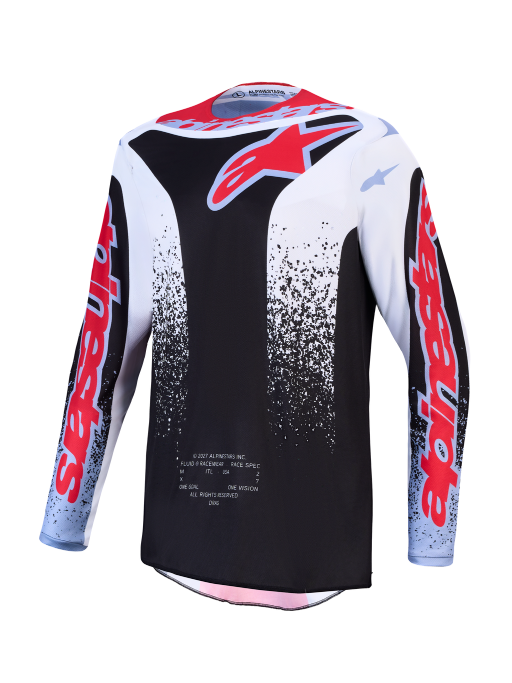 Alpinestars Fluid Drag, camisola de motocross para homem, preta e branca com gráficos vermelhos, tecido respirável