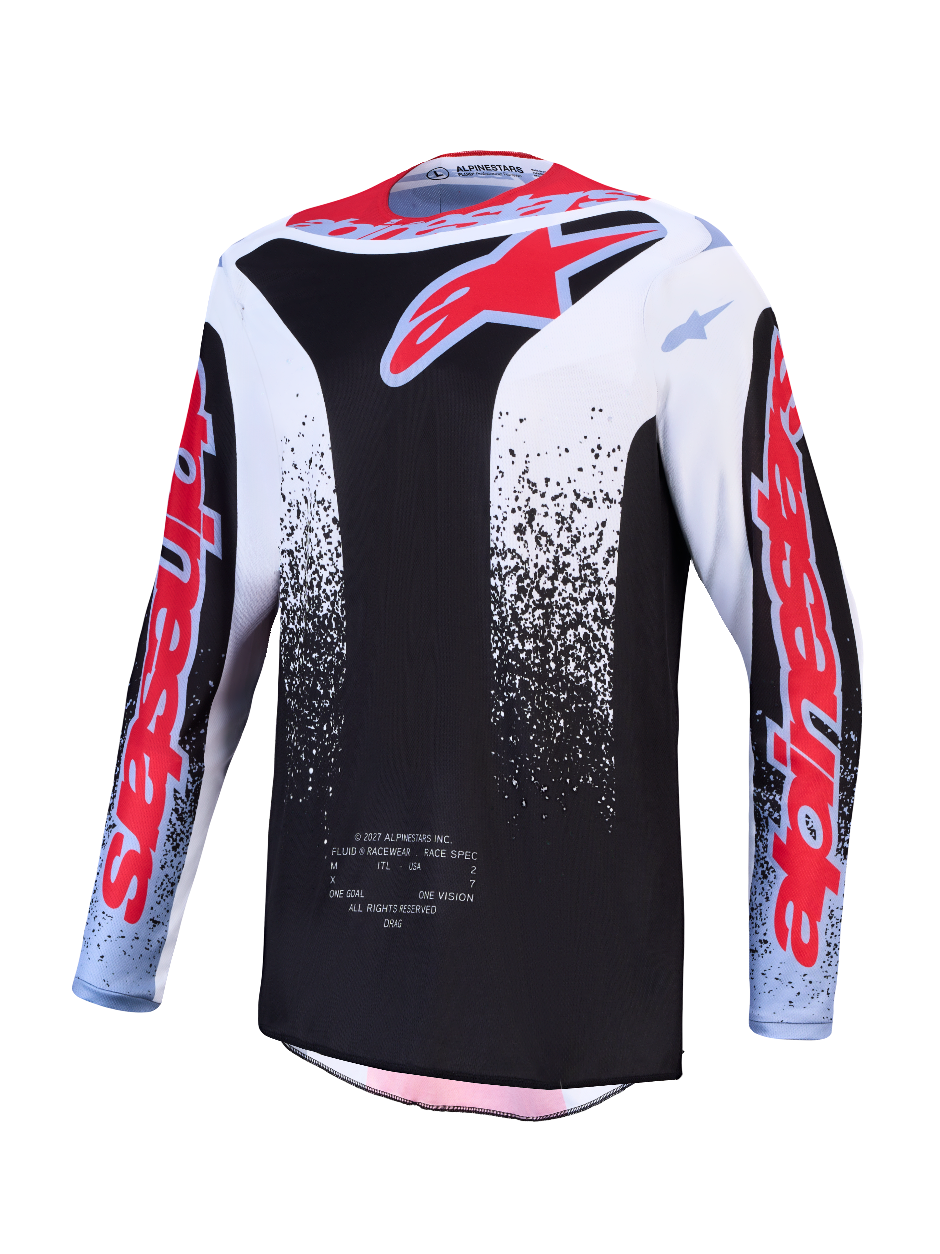 Alpinestars Fluid Drag, camisola de motocross para homem, preta e branca com gráficos vermelhos, tecido respirável