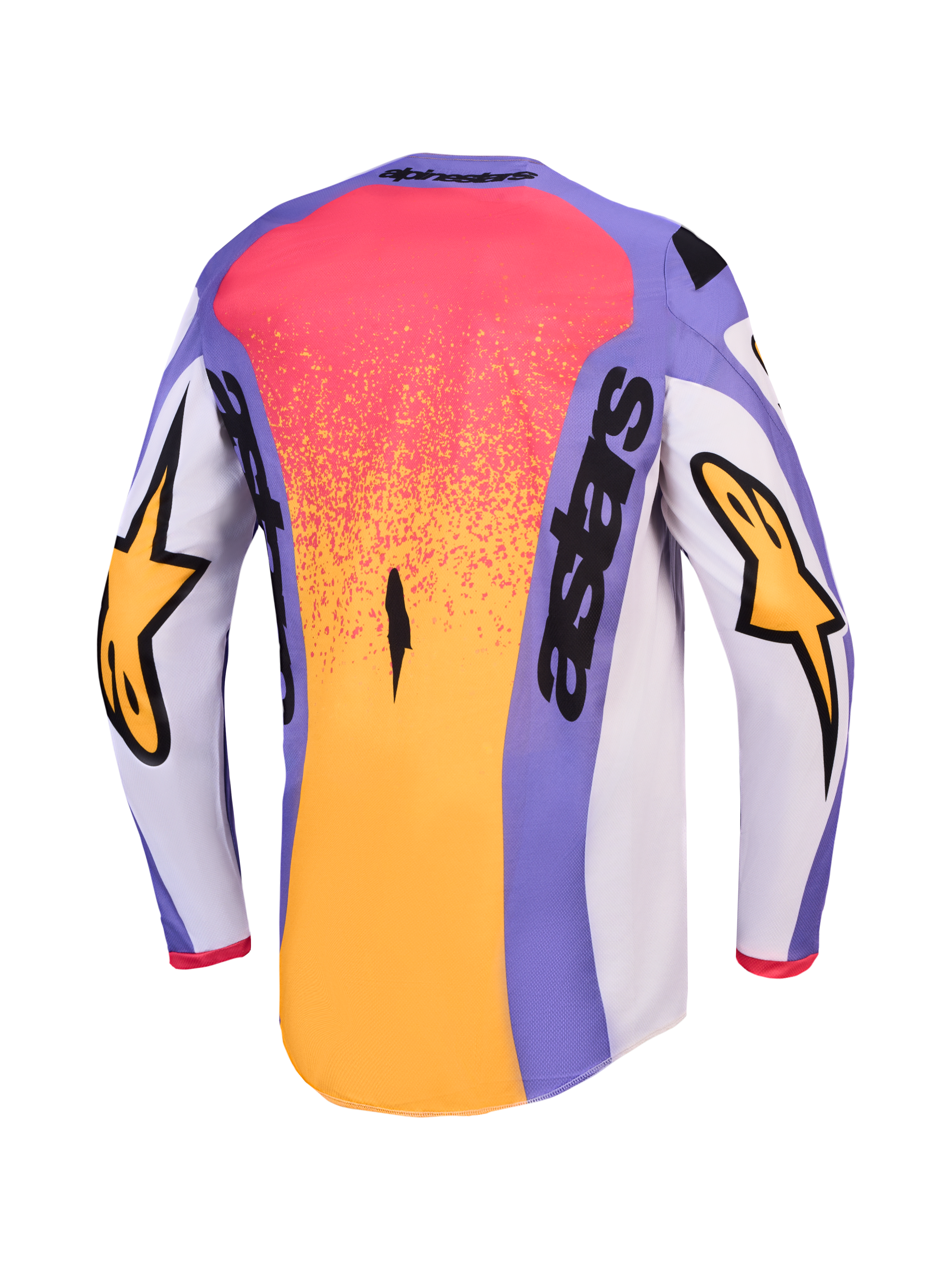 Alpinestars camisola Fluid Drag, camisola de motocross para homem, lilás e dourada, vista traseira com corte mais comprido