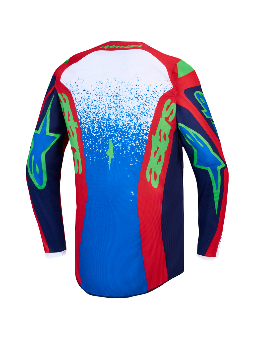 Alpinestars Fluid Drag, camisola de motocross para homem, azul-marinho e vermelha com gráficos verdes, vista traseira