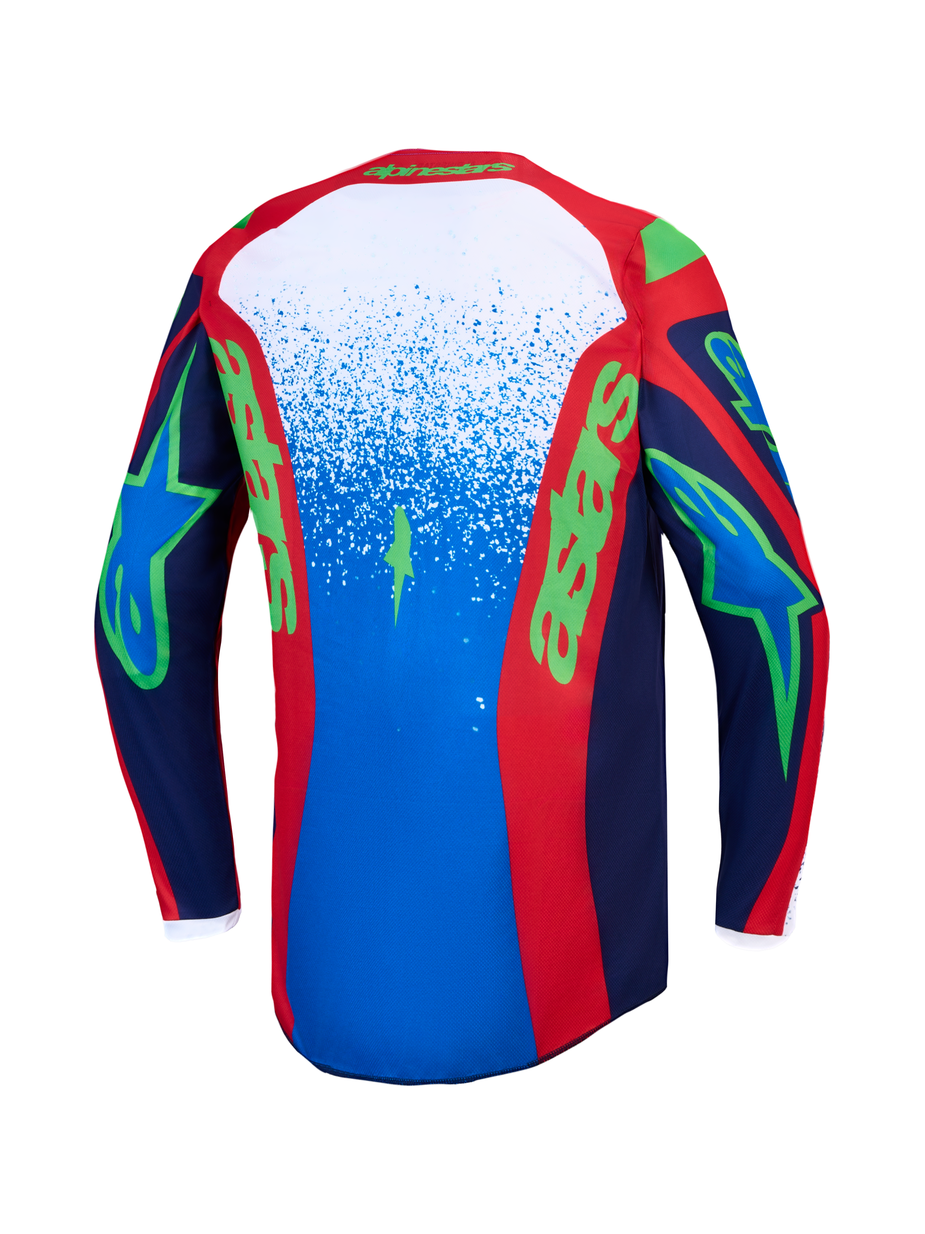 Alpinestars Fluid Drag, camisola de motocross para homem, azul-marinho e vermelha com gráficos verdes, vista traseira