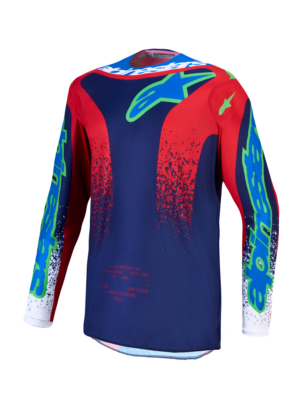 Alpinestars camisola Fluid Drag, camisola de motocross para homem, azul-marinho e vermelha, em polifabric respirável com logótipos verde-lima.