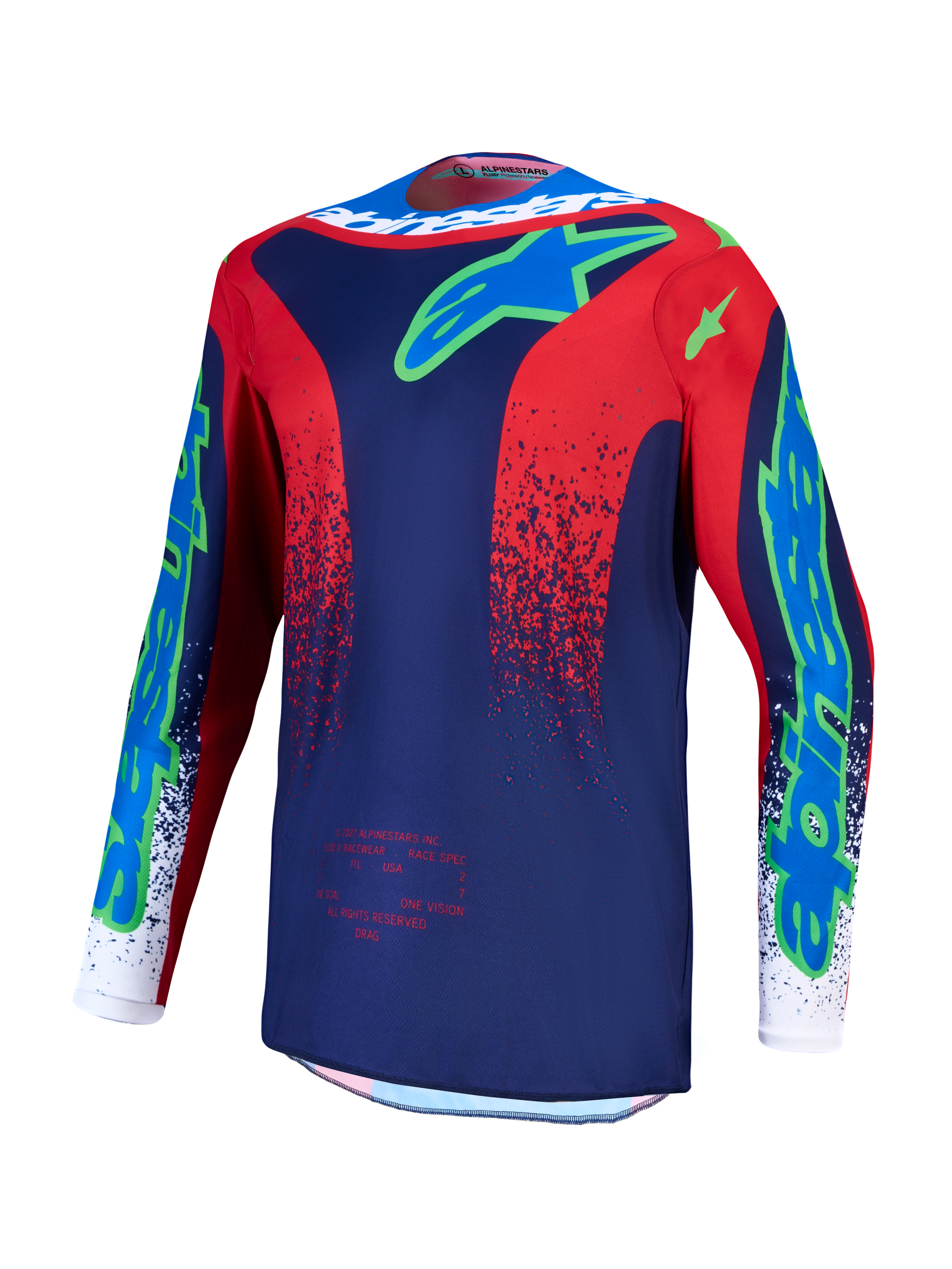 Alpinestars camisola Fluid Drag, camisola de motocross para homem, azul-marinho e vermelha, em polifabric respirável com logótipos verde-lima.