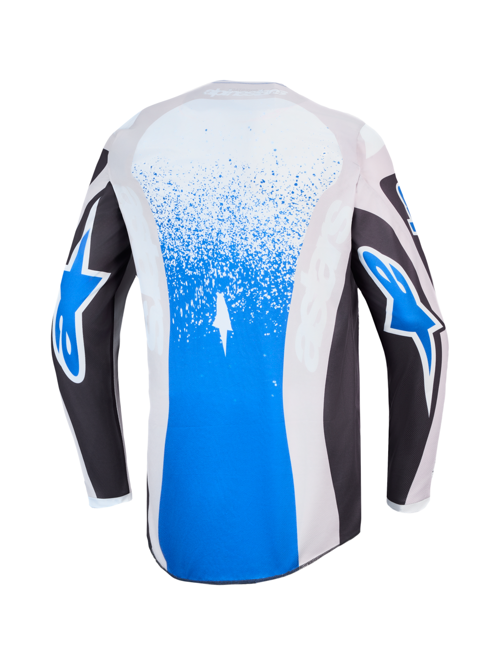 Alpinestars camisola Fluid Drag, camisola de motocross azul e cinzenta, vista traseira com grafismos e logótipos Astars.