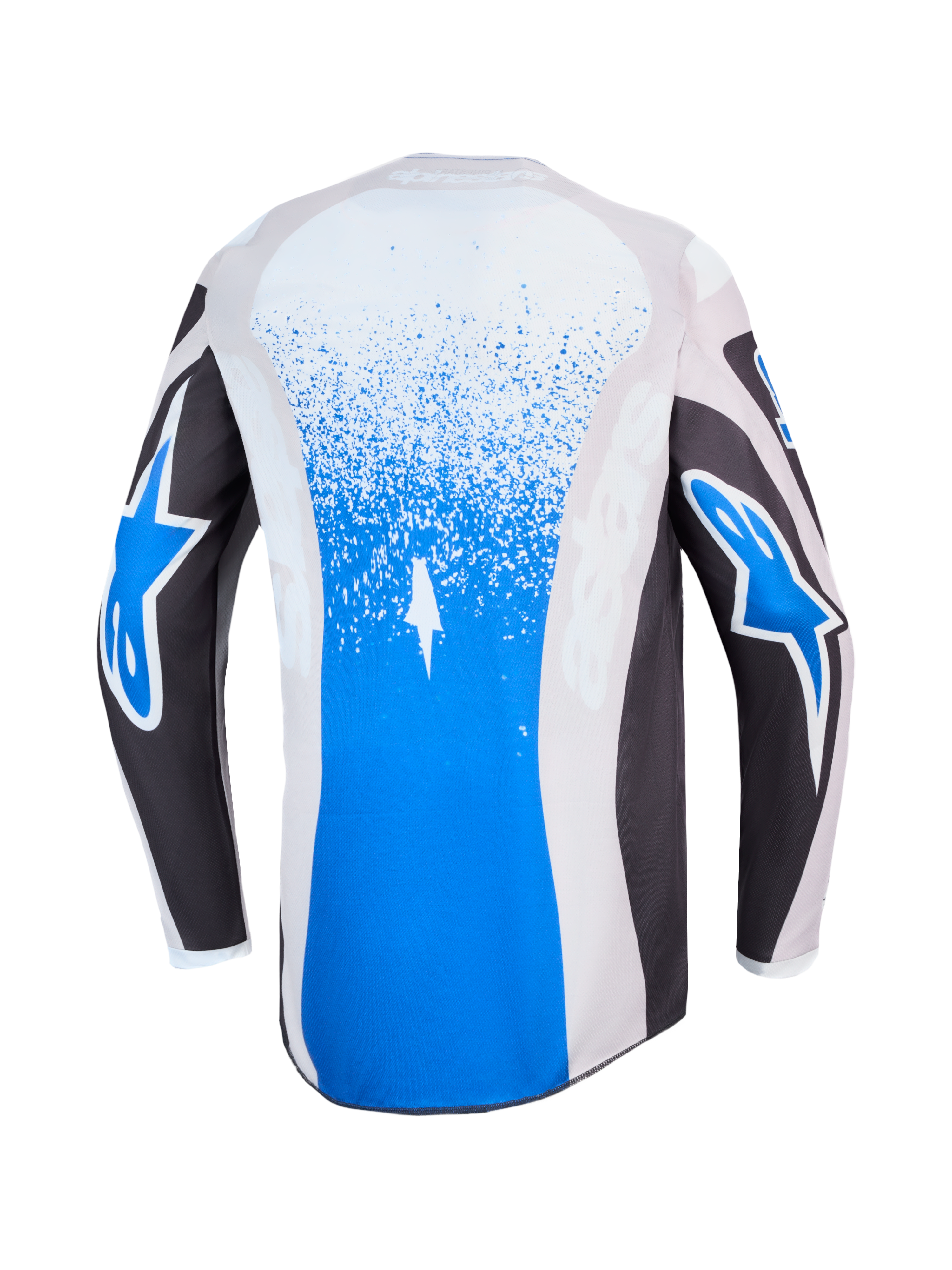 Alpinestars camisola Fluid Drag, camisola de motocross azul e cinzenta, vista traseira com grafismos e logótipos Astars.