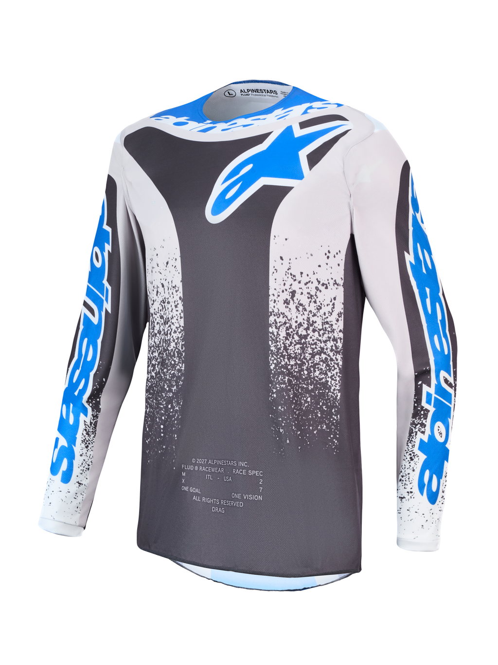 Alpinestars Camisola Fluid Drag, camisola de motocross para homem, cinzenta e azul, construção em politecido leve que absorve a humidade, design ergonómico para performance em todo-o-terreno.