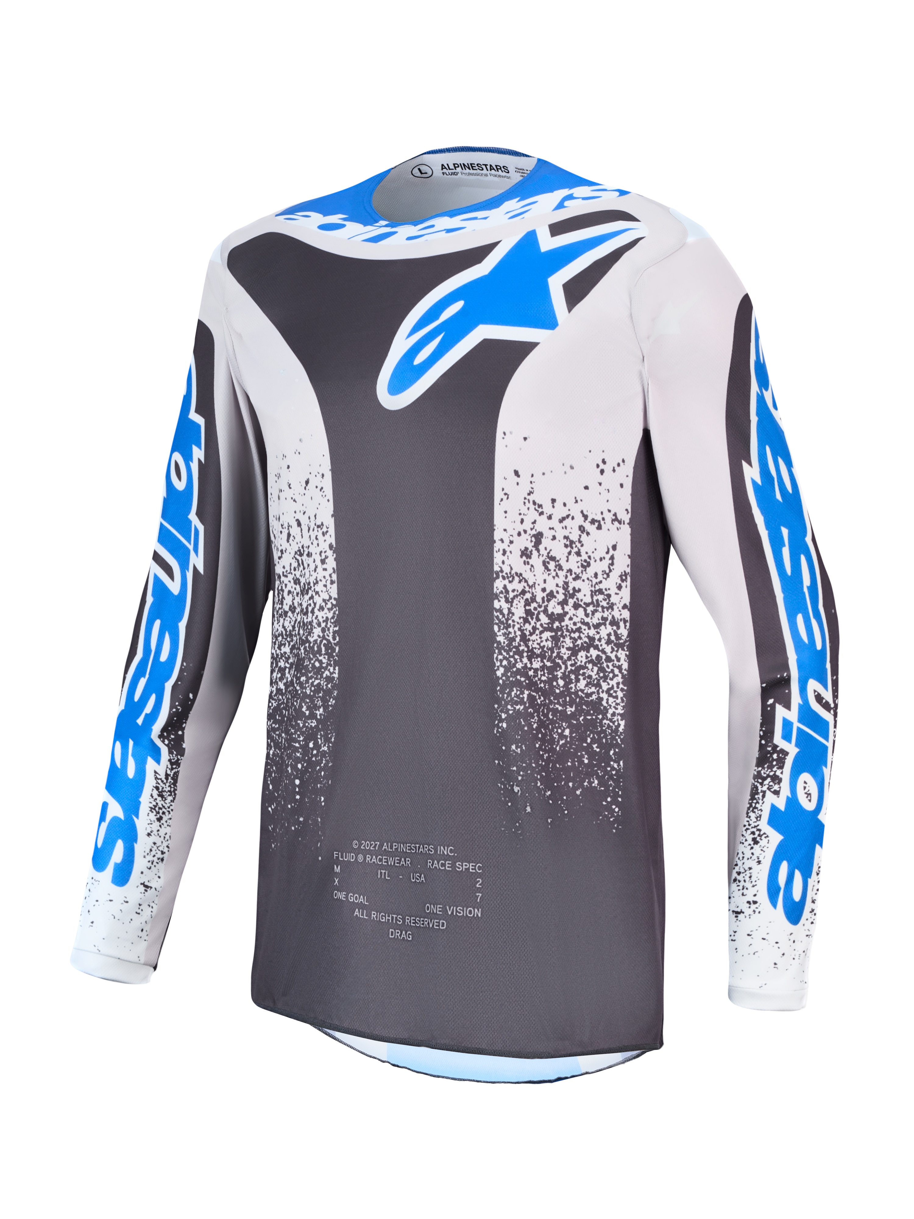 Alpinestars Camisola Fluid Drag, camisola de motocross para homem, cinzenta e azul, construção em politecido leve que absorve a humidade, design ergonómico para performance em todo-o-terreno.