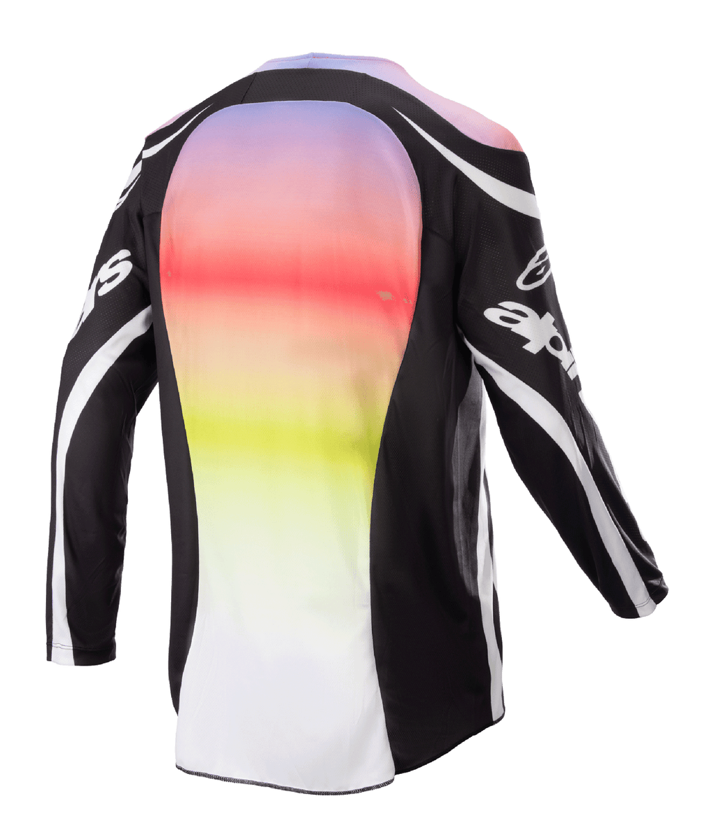 Alpinestars 2023 Racer Semi Jersey, camisola de motocross, preto multicor, vista traseira com um grande painel central com um gradiente vibrante de roxo a amarelo, mangas e ombros pretos com detalhes de logótipo brancos e linhas curvas, concebida para desempenho em todo-o-terreno