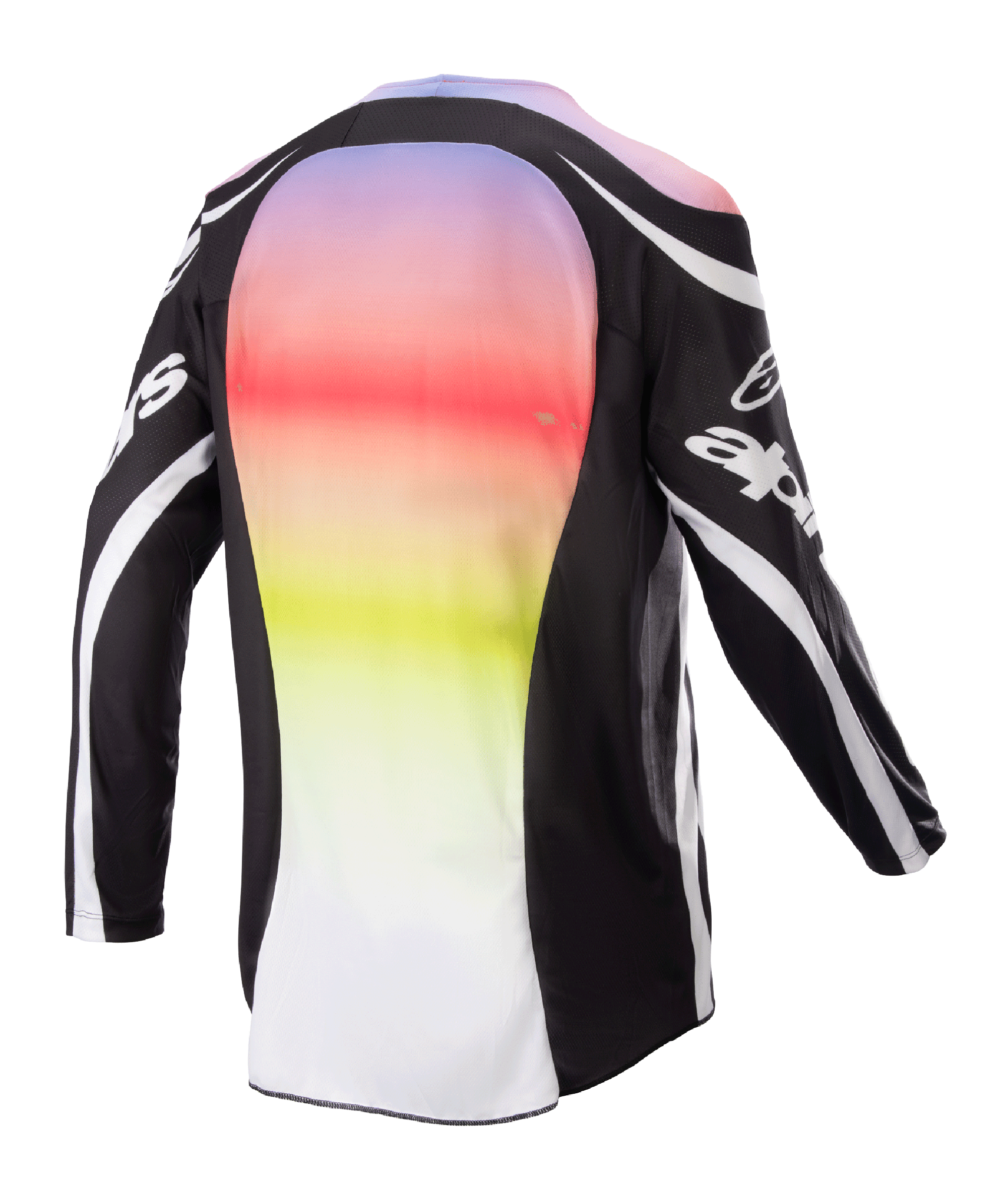 Alpinestars 2023 Racer Semi Jersey, camisola de motocross, preto multicor, vista traseira com um grande painel central com um gradiente vibrante de roxo a amarelo, mangas e ombros pretos com detalhes de logótipo brancos e linhas curvas, concebida para desempenho em todo-o-terreno