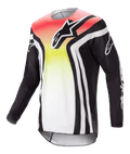 Alpinestars Racer Semi Jersey 2023, camisola de motocross de manga comprida, preta e multicolor com degradê vermelho, amarelo e branco, logótipo de peito arrojado e riscas brancas nas mangas, tecido leve que absorve a humidade para desempenho em todo-o-terreno