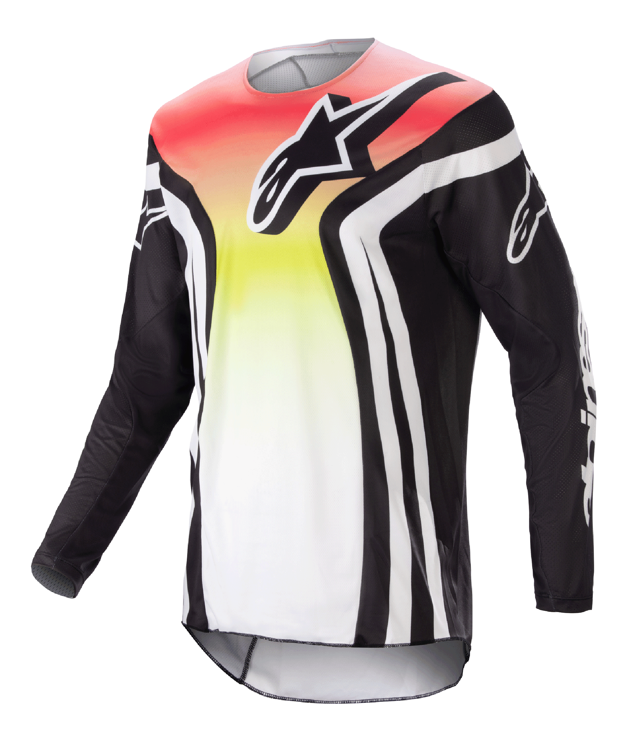 Alpinestars Racer Semi Jersey 2023, camisola de motocross de manga comprida, preta e multicolor com degradê vermelho, amarelo e branco, logótipo de peito arrojado e riscas brancas nas mangas, tecido leve que absorve a humidade para desempenho em todo-o-terreno