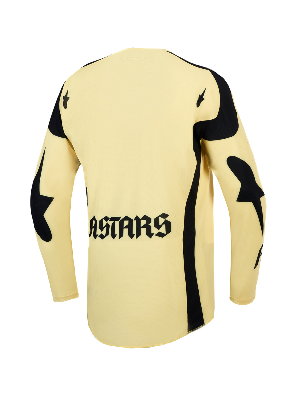 Alpinestars Techstar Atrox, camisola de motocross, amarela e preta, vista traseira com logótipo ASTARS e perfurações a laser