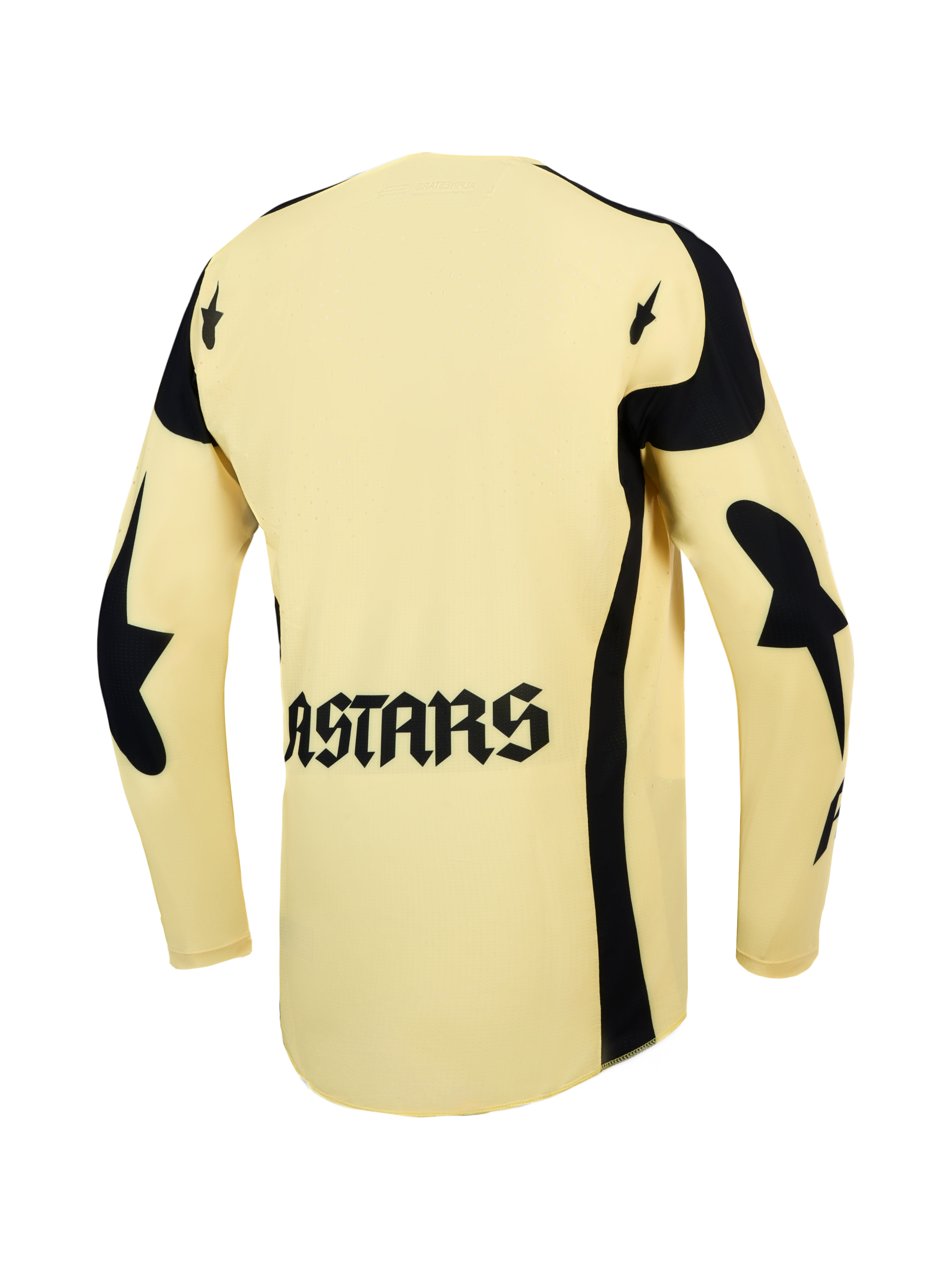 Alpinestars Techstar Atrox, camisola de motocross, amarela e preta, vista traseira com logótipo ASTARS e perfurações a laser