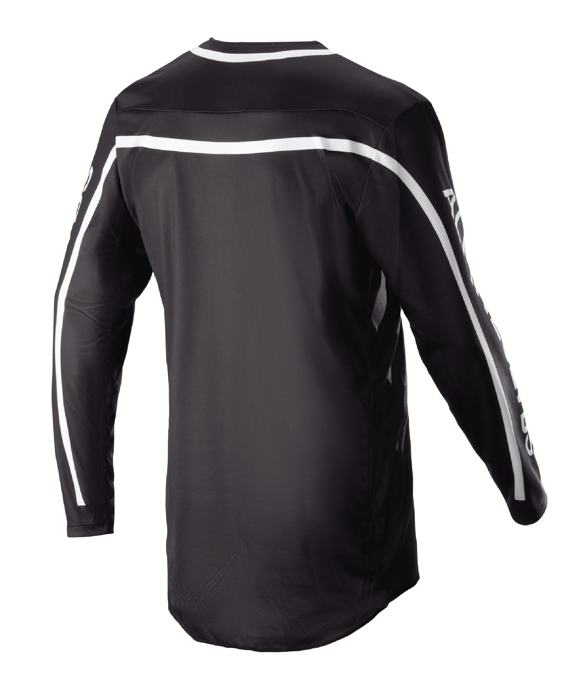 Alpinestars 2023 Racer Found Jersey, camisola de motocross preta, vista traseira com riscas brancas nos ombros e mangas, design de manga comprida com parte traseira mais comprida para maior cobertura, equipamento de performance leve e respirável