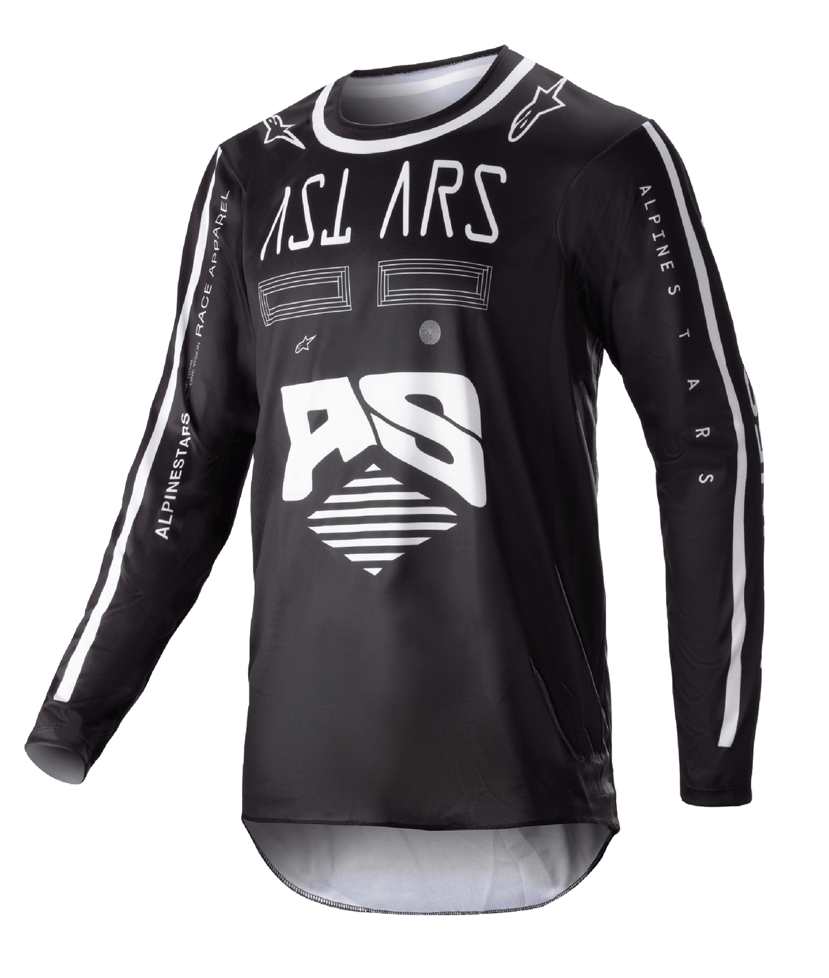 Alpinestars 2023 Racer Found Jersey, camisola de motocross de manga comprida preta, gráficos abstratos brancos e logótipo AS grande, marca ASTARS no peito, gola redonda com acabamento branco, vestuário de corrida de alta performance