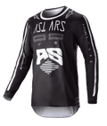 Alpinestars 2023 Racer Found Jersey, camisola de motocross de manga comprida preta, gráficos abstratos brancos e logótipo AS grande, marca ASTARS no peito, gola redonda com acabamento branco, vestuário de corrida de alta performance