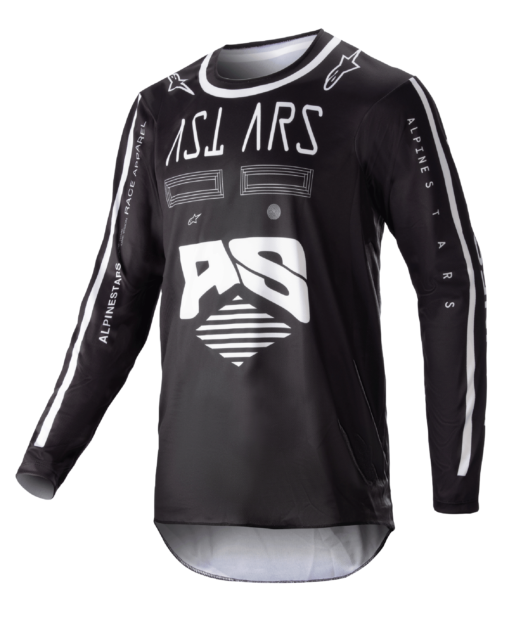 Alpinestars 2023 Racer Found Jersey, camisola de motocross de manga comprida preta, gráficos abstratos brancos e logótipo AS grande, marca ASTARS no peito, gola redonda com acabamento branco, vestuário de corrida de alta performance