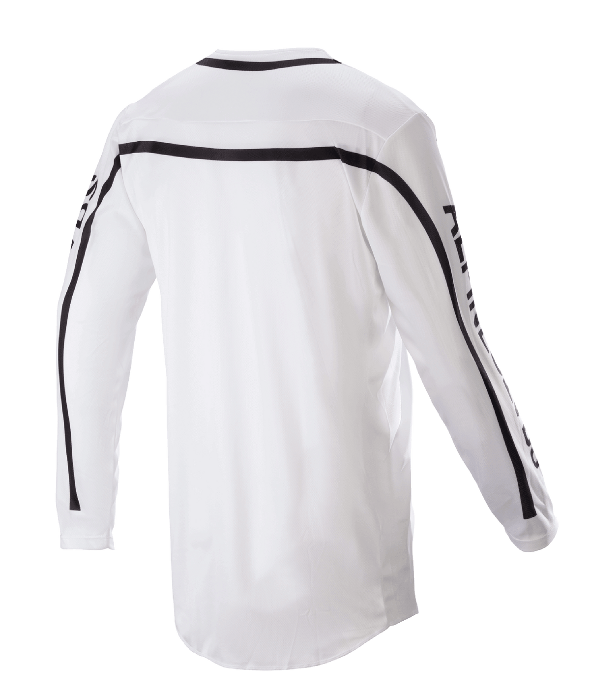 Alpinestars 2023 Racer Found Jersey, camisola de motocross, branca, vista traseira com riscas pretas nos ombros e mangas, parte traseira mais comprida para maior cobertura, construção leve em poli-tecido