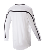 Alpinestars 2023 Racer Found Jersey, camisola de motocross, branca, vista traseira com riscas pretas nos ombros e mangas, parte traseira mais comprida para maior cobertura, construção leve em poli-tecido