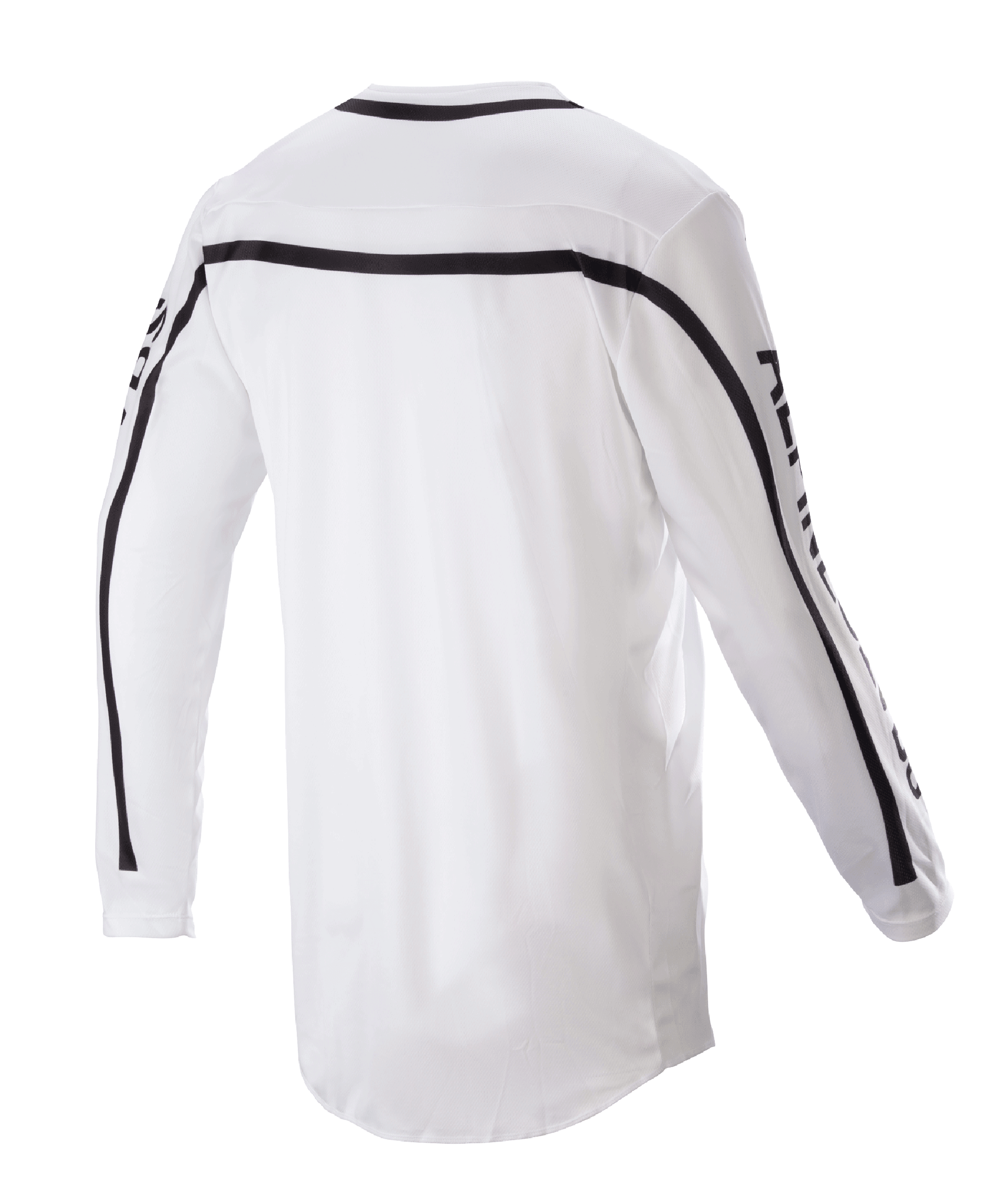 Alpinestars 2023 Racer Found Jersey, camisola de motocross, branca, vista traseira com riscas pretas nos ombros e mangas, parte traseira mais comprida para maior cobertura, construção leve em poli-tecido