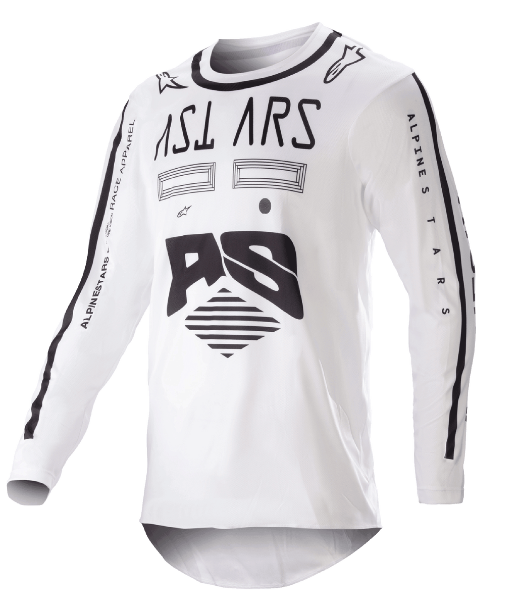 Alpinestars 2023 Racer Found Jersey, camisola de motocross, branca e preta, gráficos pretos arrojados e logótipo no peito e nas mangas, tecido de performance leve com gola preta, vestuário para corridas todo-o-terreno