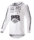 Alpinestars 2023 Racer Found Jersey, camisola de motocross, branca e preta, gráficos pretos arrojados e logótipo no peito e nas mangas, tecido de performance leve com gola preta, vestuário para corridas todo-o-terreno