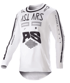 Alpinestars 2023 Racer Found Jersey, camisola de motocross, branca e preta, gráficos pretos arrojados e logótipo no peito e nas mangas, tecido de performance leve com gola preta, vestuário para corridas todo-o-terreno