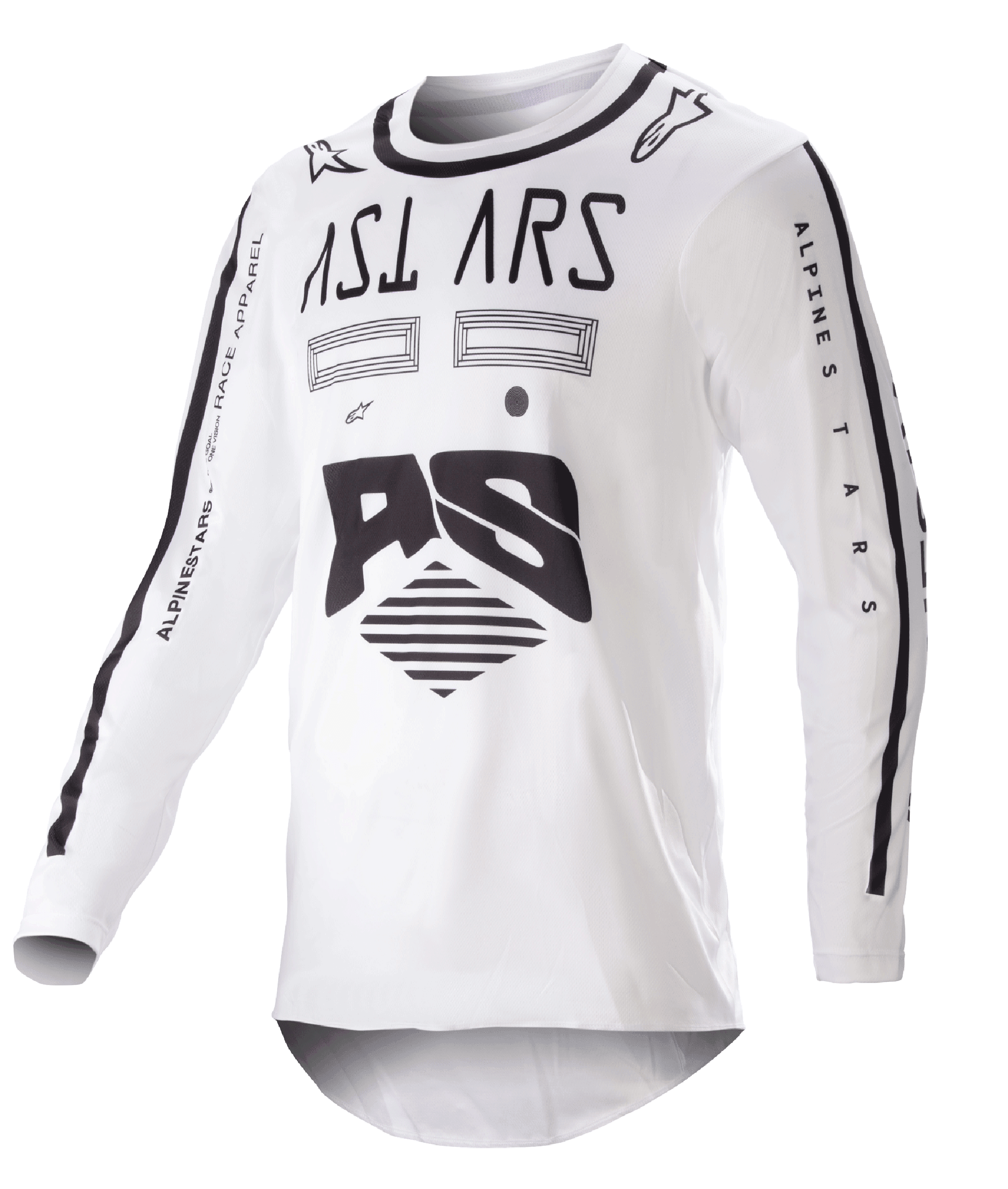 Alpinestars 2023 Racer Found Jersey, camisola de motocross, branca e preta, gráficos pretos arrojados e logótipo no peito e nas mangas, tecido de performance leve com gola preta, vestuário para corridas todo-o-terreno