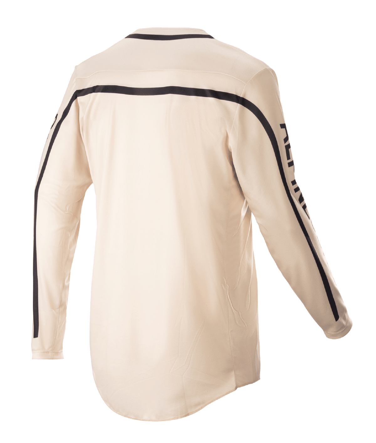 Alpinestars 2023 Racer Found Jersey, camisola de motocross, Mountain (bege), vista traseira, com riscas pretas nos ombros e ao longo das mangas, corte ergonómico com a parte traseira mais comprida para maior cobertura durante a pilotagem