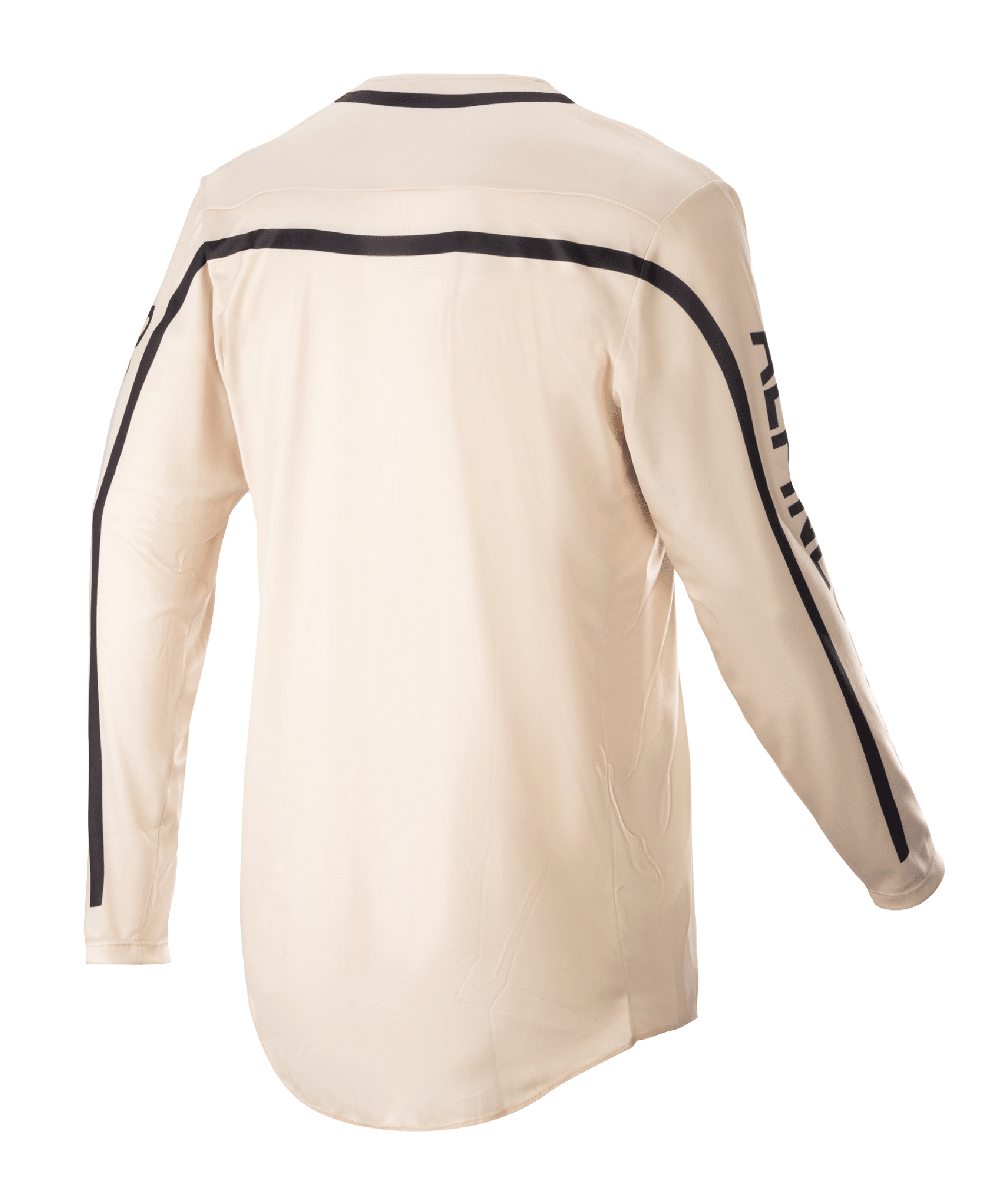 Alpinestars 2023 Racer Found Jersey, camisola de motocross, Mountain (bege), vista traseira, com riscas pretas nos ombros e ao longo das mangas, corte ergonómico com a parte traseira mais comprida para maior cobertura durante a pilotagem