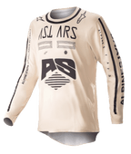 Alpinestars 2023 Racer Found Jersey, camisola de motocross, bege com gráficos pretos, equipamento de performance de manga comprida para todo-o-terreno, com logótipo AS e marca nas mangas