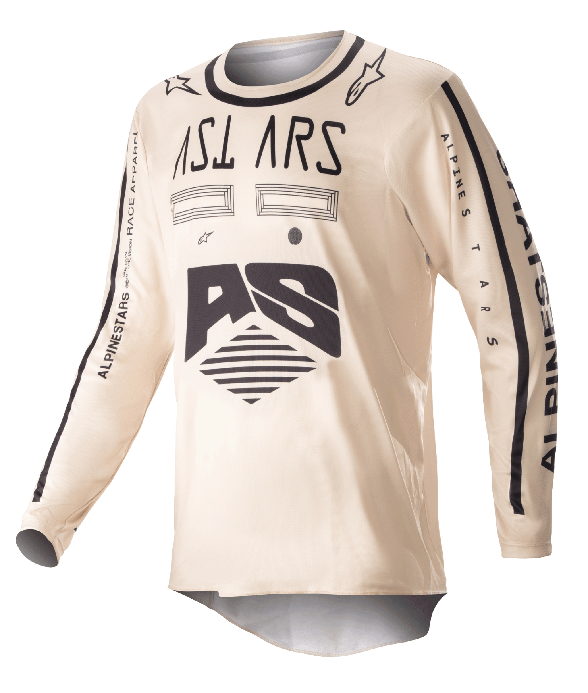 Alpinestars 2023 Racer Found Jersey, camisola de motocross, bege com gráficos pretos, equipamento de performance de manga comprida para todo-o-terreno, com logótipo AS e marca nas mangas