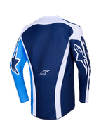 Camisola Alpinestars 2026 Racer Air Portl, vista traseira, azul Ucla e branco, corpo em malha azul escura com detalhes curvos brancos, manga esquerda em azul brilhante com logótipo de estrela azul escuro, manga direita em azul escura com logótipo de estrela branco, camisola de motocross de alto desempenho e respirável