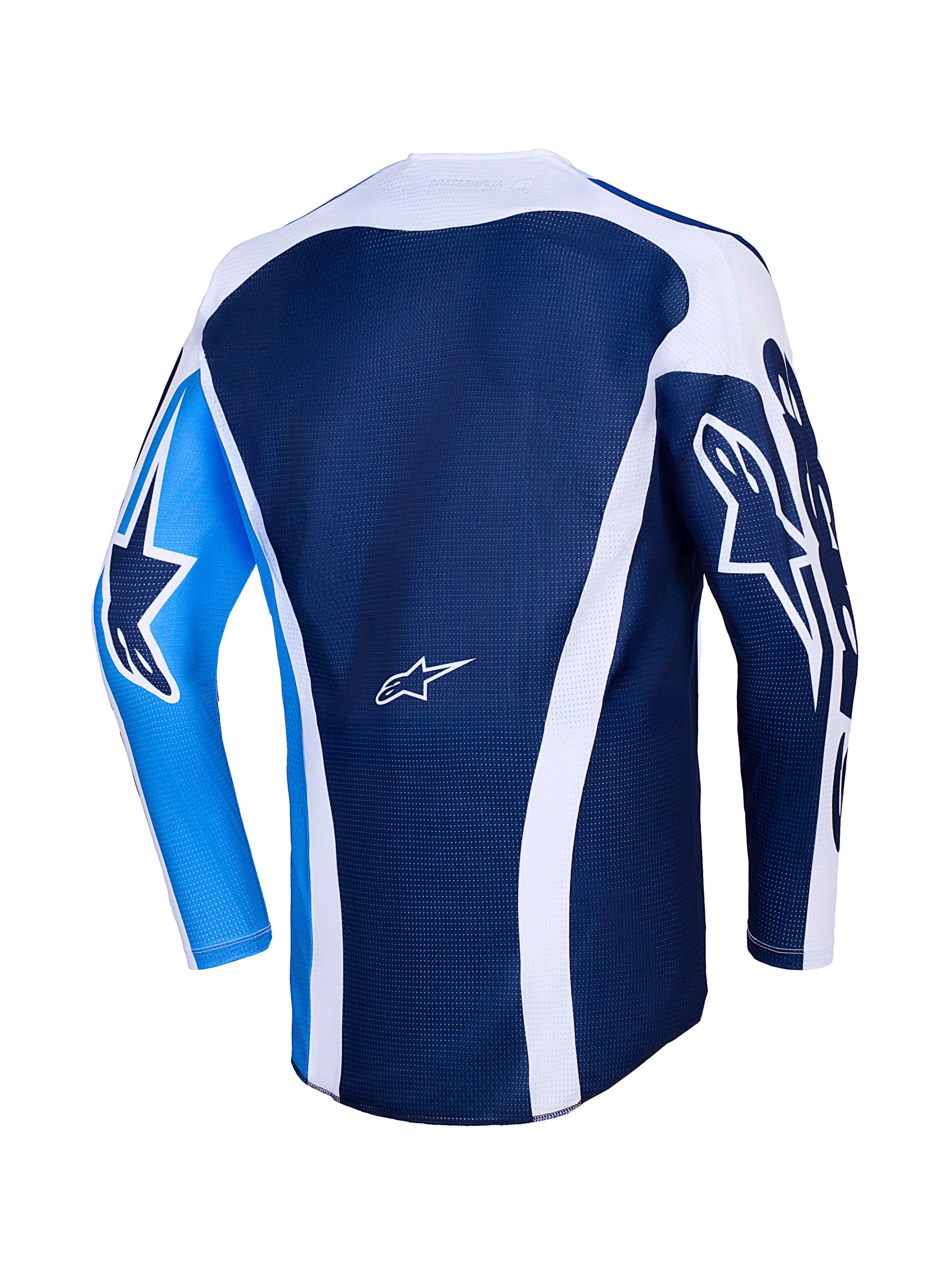 Camisola Alpinestars 2026 Racer Air Portl, vista traseira, azul Ucla e branco, corpo em malha azul escura com detalhes curvos brancos, manga esquerda em azul brilhante com logótipo de estrela azul escuro, manga direita em azul escura com logótipo de estrela branco, camisola de motocross de alto desempenho e respirável