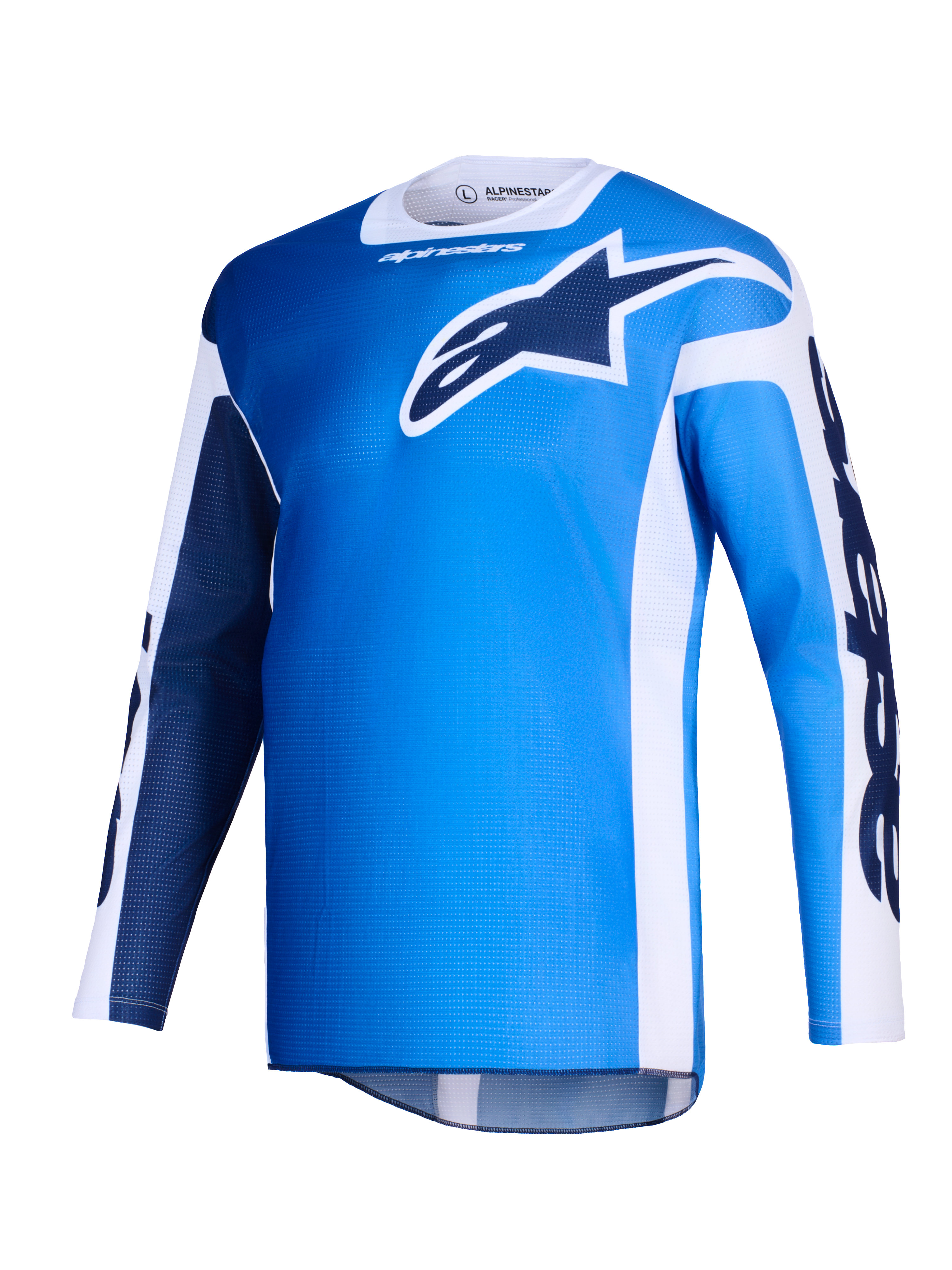 Alpinestars 2026 Racer Air Portl Jersey, camisola de motocross, azul UCLA e branco, com um grande logótipo Astars azul escuro no peito, painéis laterais brancos e textura de malha leve para um elevado fluxo de ar