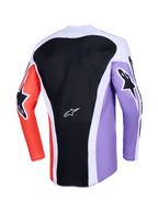 Alpinestars 2026 Racer Air Portl Jersey, vista traseira de camisola de motocross de manga comprida, design multicolor com um painel traseiro em malha preta, mangas roxas e laranja com logótipos de estrela pretos, detalhes brancos e construção respirável para condução off-road.
