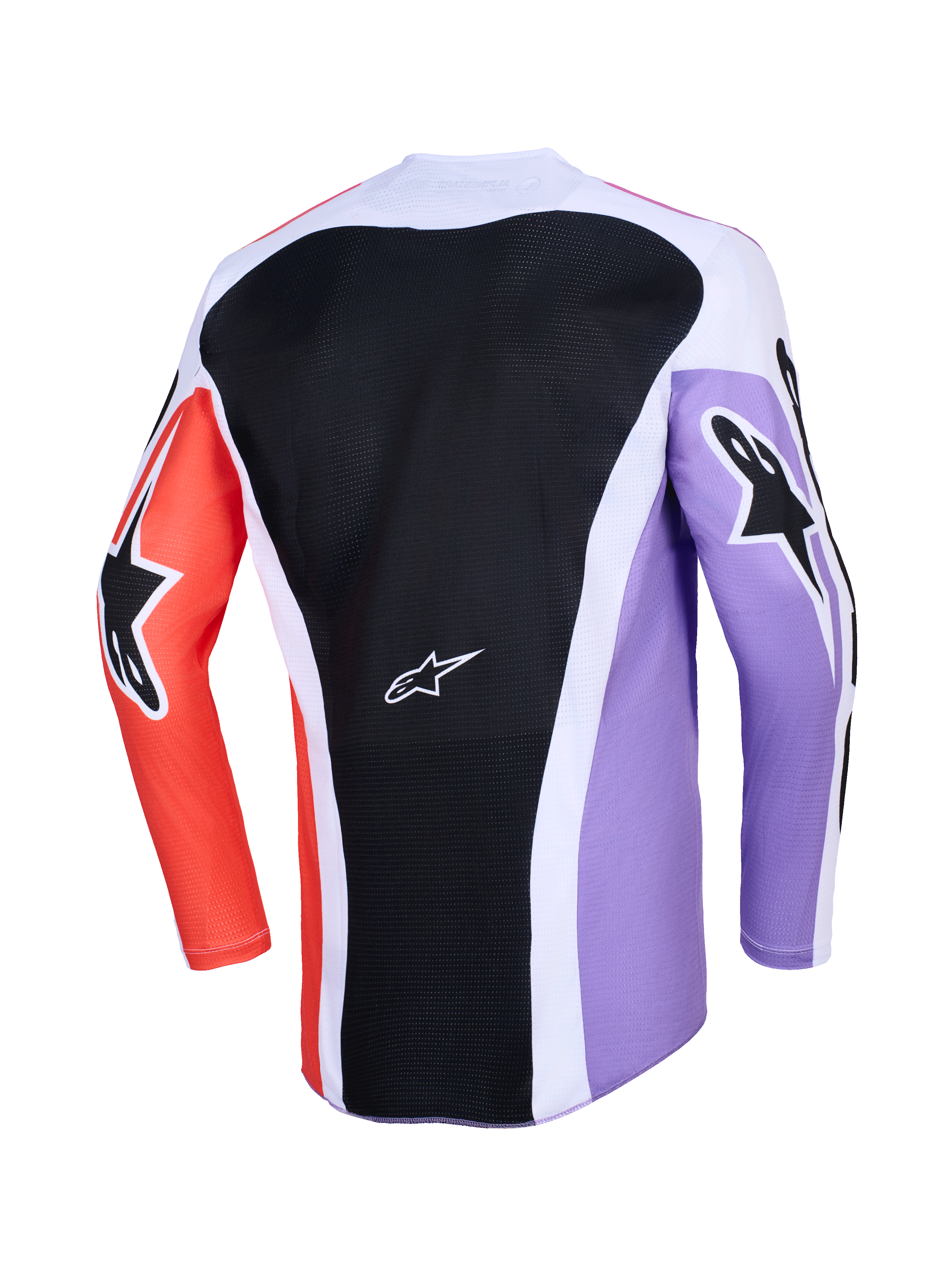 Alpinestars 2026 Racer Air Portl Jersey, vista traseira de camisola de motocross de manga comprida, design multicolor com um painel traseiro em malha preta, mangas roxas e laranja com logótipos de estrela pretos, detalhes brancos e construção respirável para condução off-road.