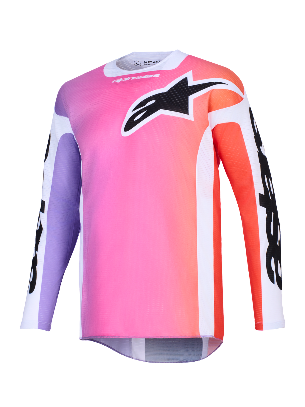 Camisola Alpinestars 2026 Racer Air Portl, camisola de motocross, degradê multicolorido com cor-de-rosa, roxo e laranja, grande logótipo Astars preto no peito, painéis laterais brancos, tecido de malha respirável com mangas compridas e corte traseiro alongado