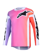 Camisola Alpinestars 2026 Racer Air Portl, camisola de motocross, degradê multicolorido com cor-de-rosa, roxo e laranja, grande logótipo Astars preto no peito, painéis laterais brancos, tecido de malha respirável com mangas compridas e corte traseiro alongado