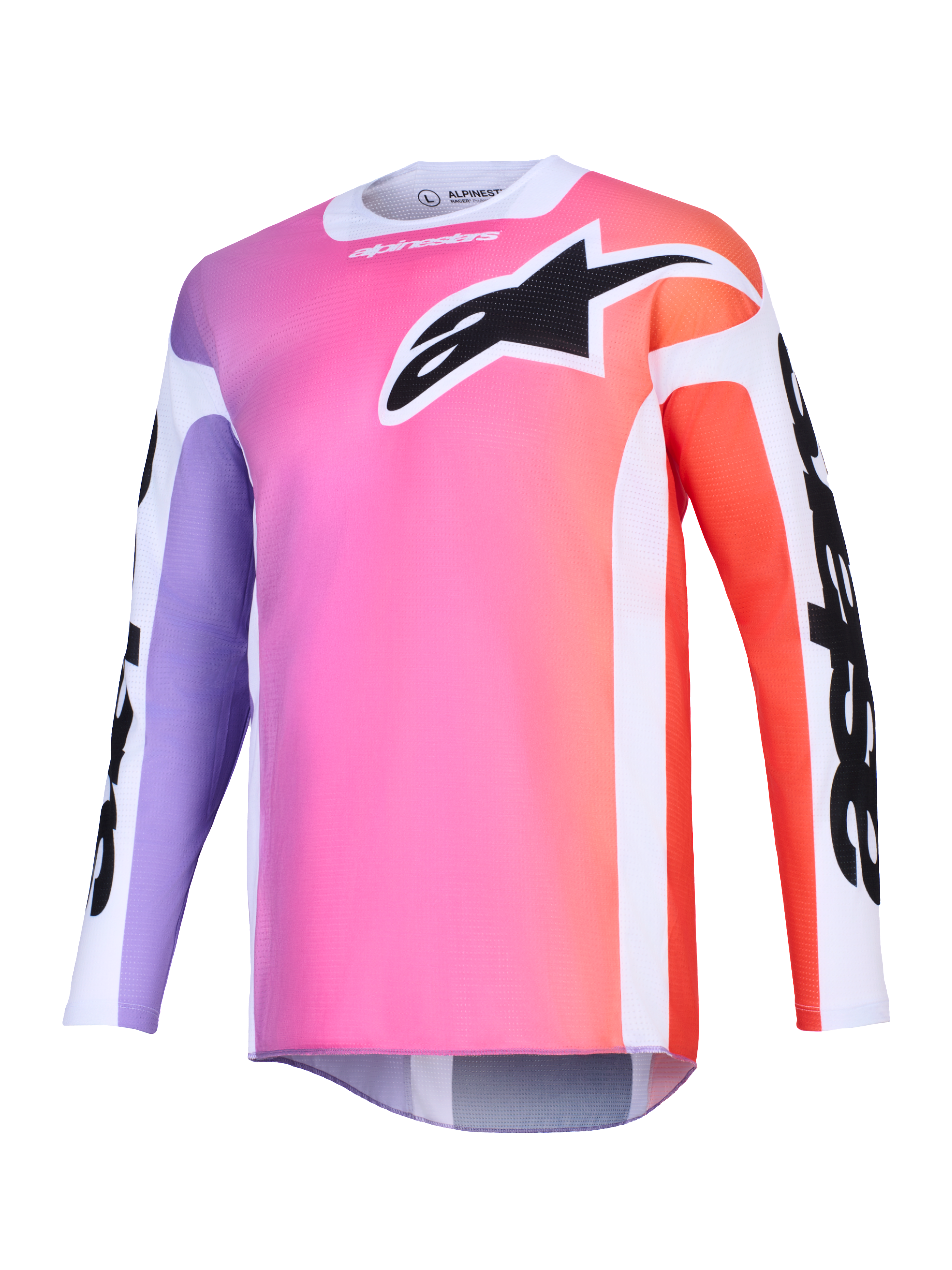 Camisola Alpinestars 2026 Racer Air Portl, camisola de motocross, degradê multicolorido com cor-de-rosa, roxo e laranja, grande logótipo Astars preto no peito, painéis laterais brancos, tecido de malha respirável com mangas compridas e corte traseiro alongado