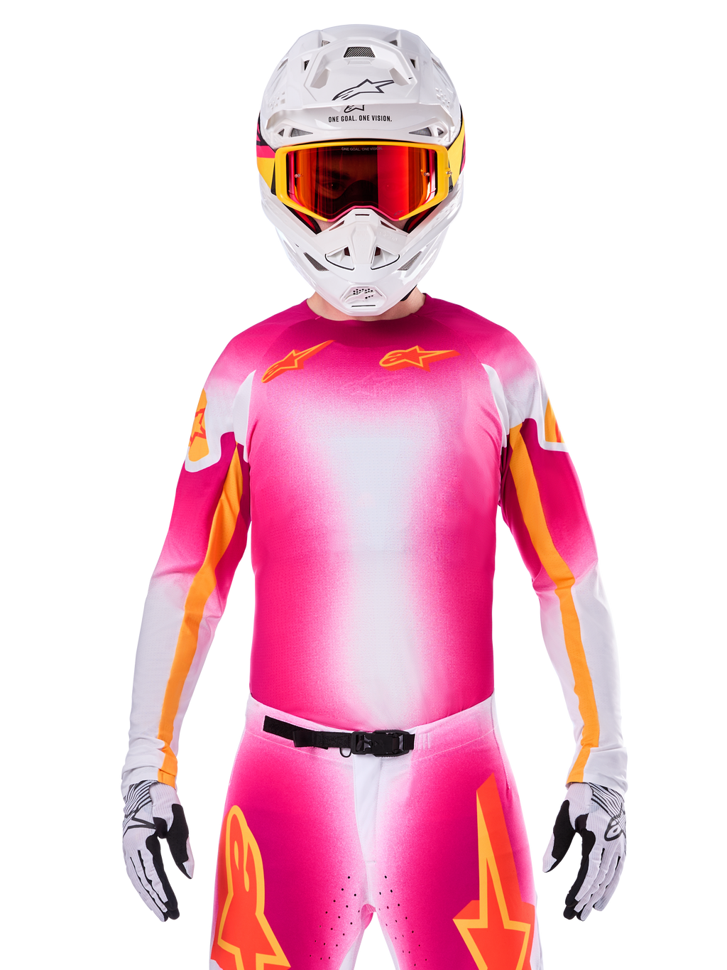 Alpinestars Limited Edition Supertech AFD MIG Jersey, Pink Fluo White Motocross Jersey, featuring a vibrant gradient with orange star logos, worn as a complete racing kit with matching pants, white helmet, and red goggles, professional dirt riding apparel