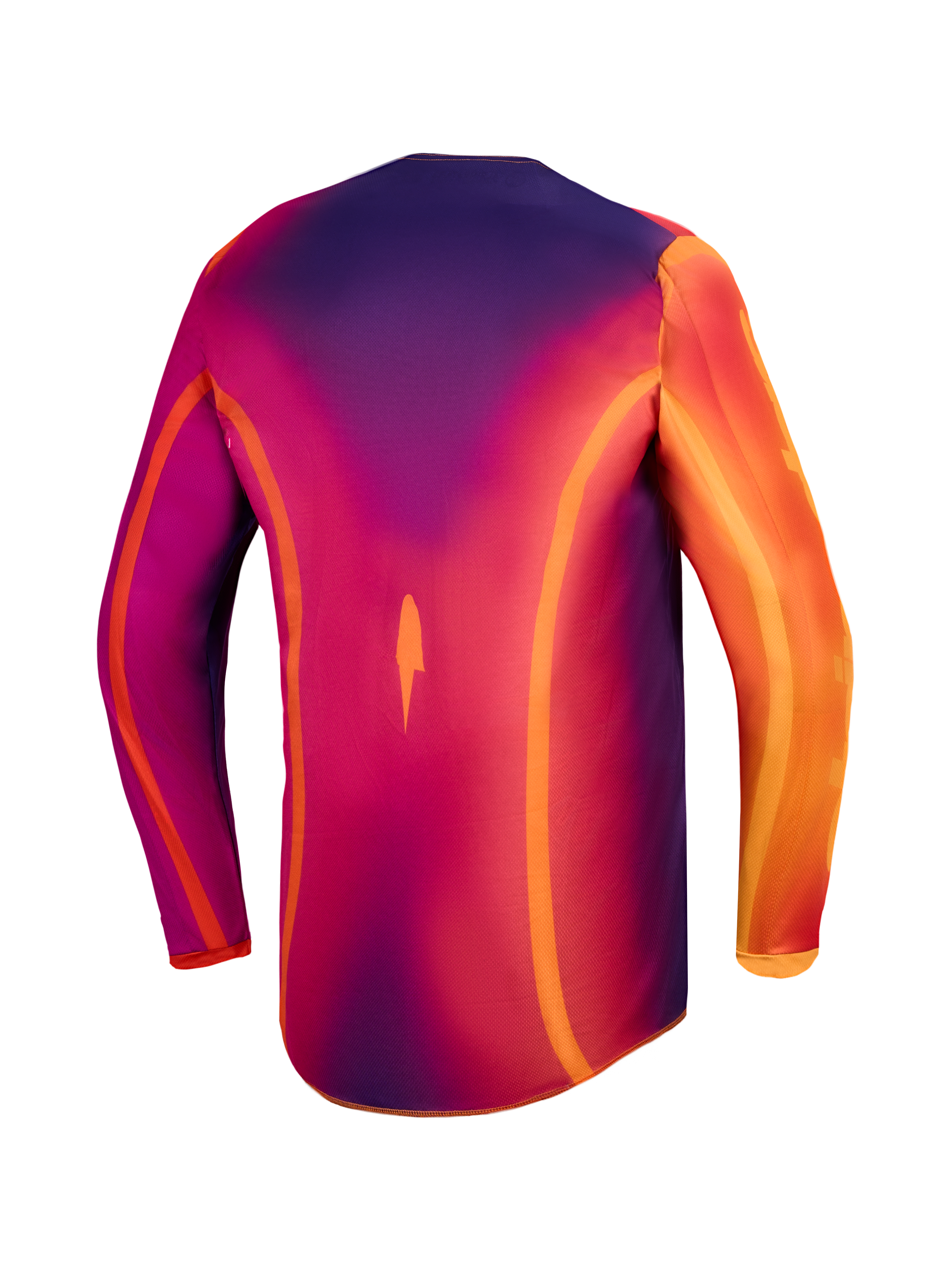 Alpinestars Camisola Fluid Kepler, camisola de motocross para homem, roxa e laranja, vista traseira em tecido respirável.